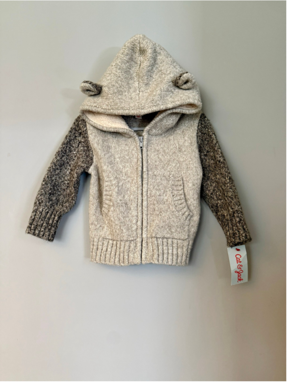 Baby Cat & Jack Bear Ear Hoodie Sweater 18 Months Beige Grey Sherpa
